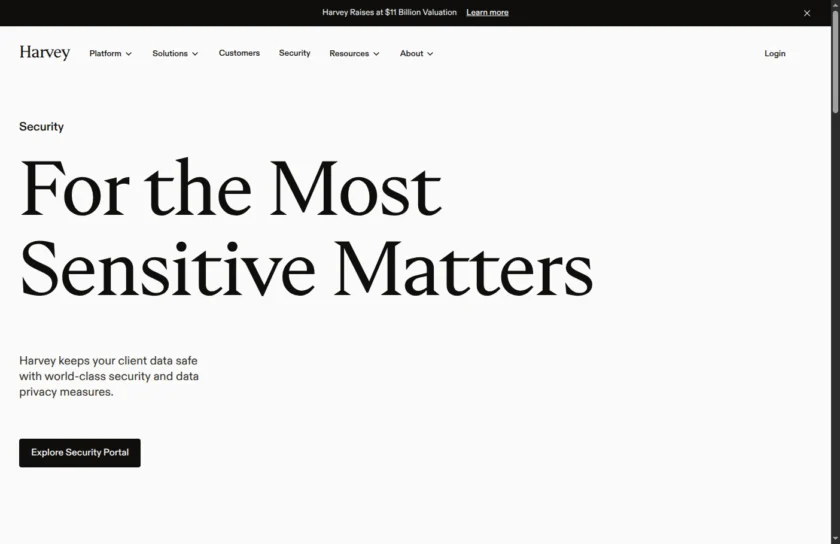 Harvey 安全与合规页面展示企业级控制能力