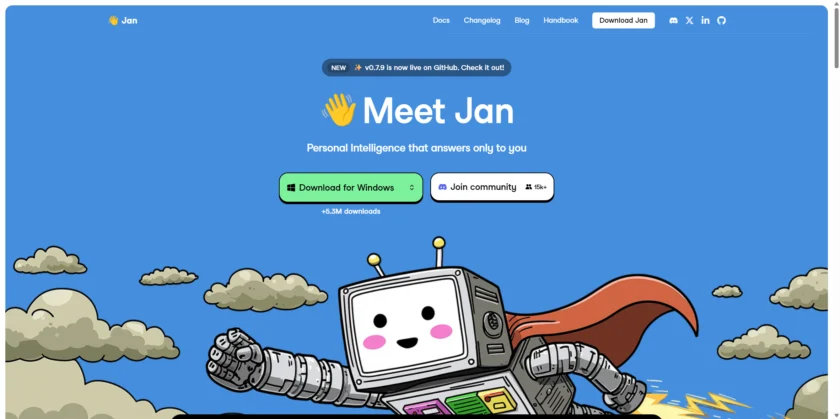 Jan 官网首页展示本地 AI 工作台定位