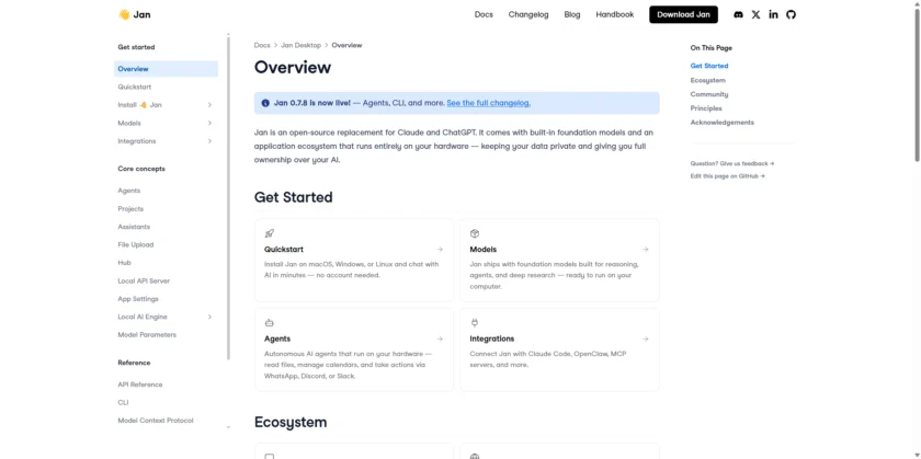 Jan Docs 页面展示上手与集成说明
