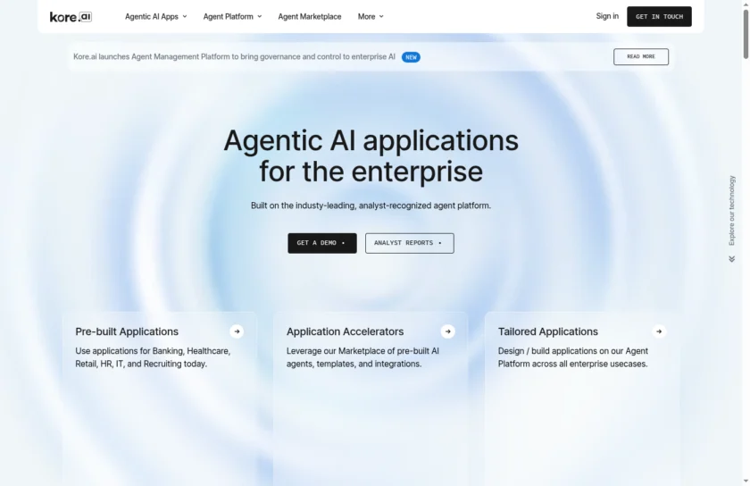 Kore.ai 首页展示其面向企业的 Agentic AI 应用定位，并突出平台化能力、行业方案与企业级部署方向。