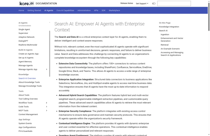 Kore.ai 文档站展示 Search AI 的知识接入、增强与检索流程，适合说明新用户如何开始配置企业知识能力。