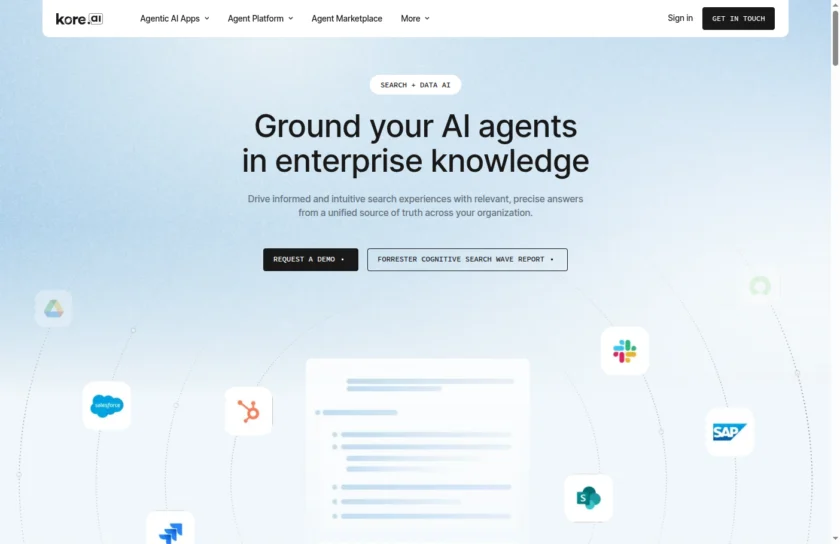 Kore.ai Search + Data AI 产品页展示其企业知识接入、agentic RAG、混合检索与平台能力，是理解产品分发形态和平台模块的关键入口。