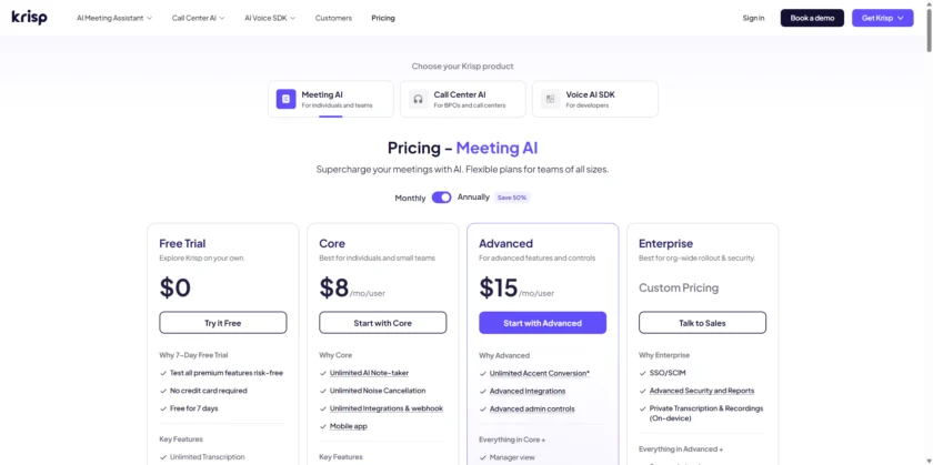 Krisp 官方价格或商务页面