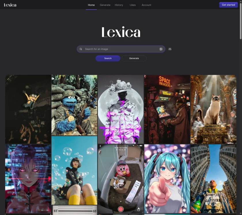 Lexica.art 首页同时展示搜索框与 Generate 入口，能证明它把图像检索与生成放在同一个官方产品中。