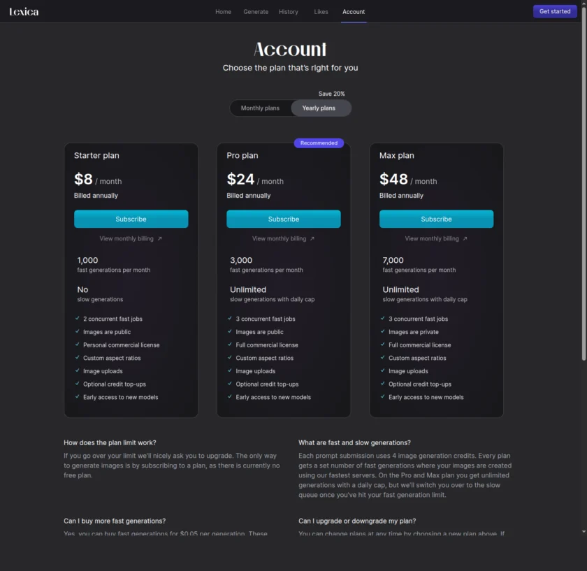 Lexica.art 的 Account/订阅页面公开展示 Starter、Pro、Max 套餐、生成额度与商业许可信息。