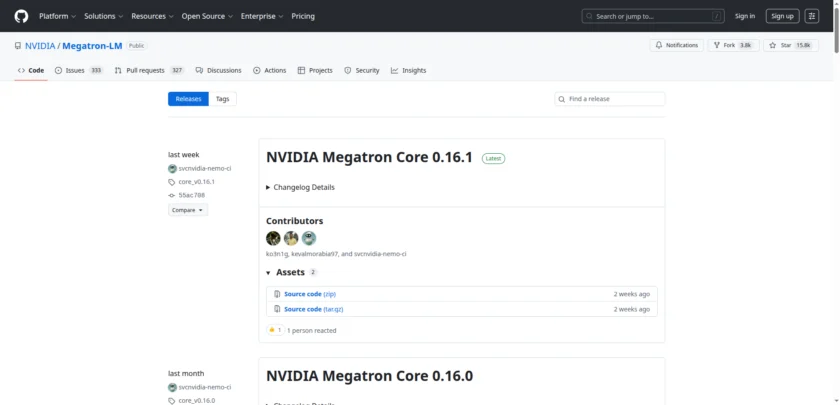 Megatron-LM GitHub Releases 页面与版本更新记录