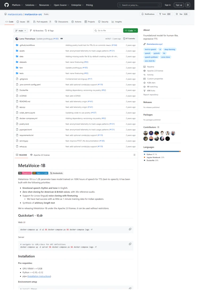 MetaVoice-1B 官方 GitHub 仓库截图