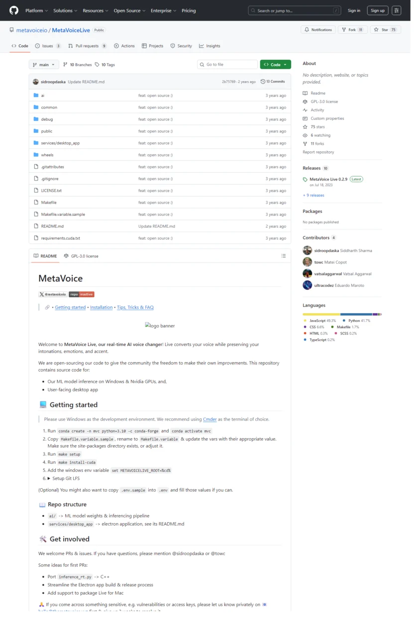 MetaVoice Live 官方 GitHub 或许可证信息截图