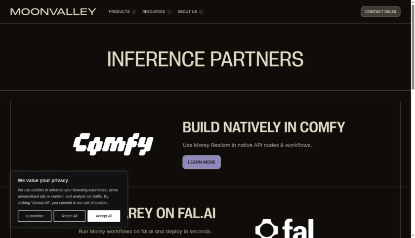 Moonvalley API 与推理合作页面截图