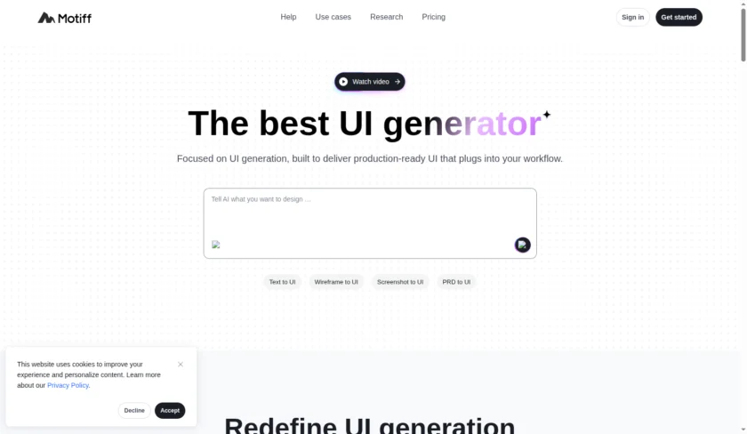 Motiff 官网首页展示 AI 驱动的产品设计与界面生成能力