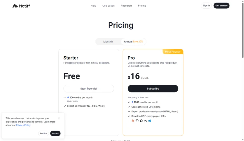 Motiff 的定价或功能页面展示 AI 设计席位与产品能力结构