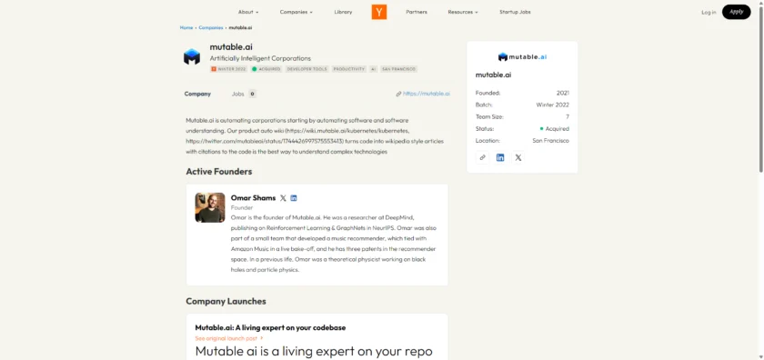 Mutable AI 在 Y Combinator 公司页的产品入口