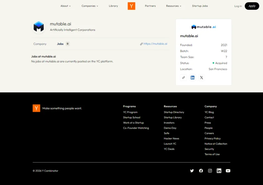 Mutable AI 在 Y Combinator Jobs 页面展示招聘与团队扩张信息