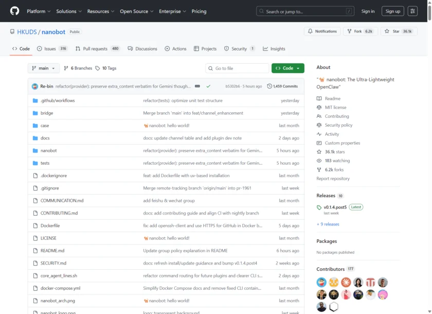 NanoBot 官方 GitHub 仓库首页展示项目定位、版本状态与 README 导航，是 repo-first 项目的核心官方入口。