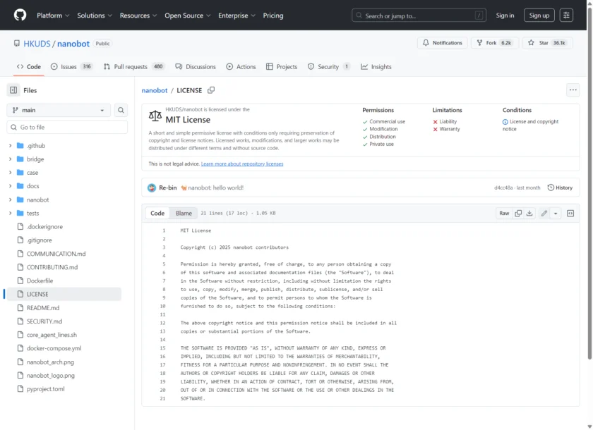 NanoBot LICENSE 页面展示 MIT License 授权信息，说明它以开源项目而非托管订阅服务交付。