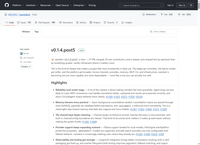 NanoBot Releases 页面展示版本节奏与发布说明，用于说明其真实分发与更新路径。