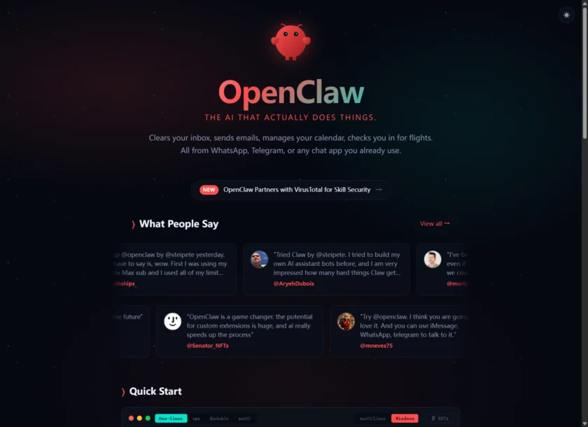 OpenClaw 官网首页展示其将个人 AI 助手、文档入口、GitHub 与下载入口整合在同一落地页中。