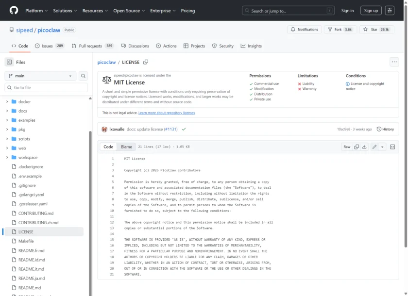 PicoClaw LICENSE 页面展示 MIT License 授权信息，说明它以开源项目形式交付。