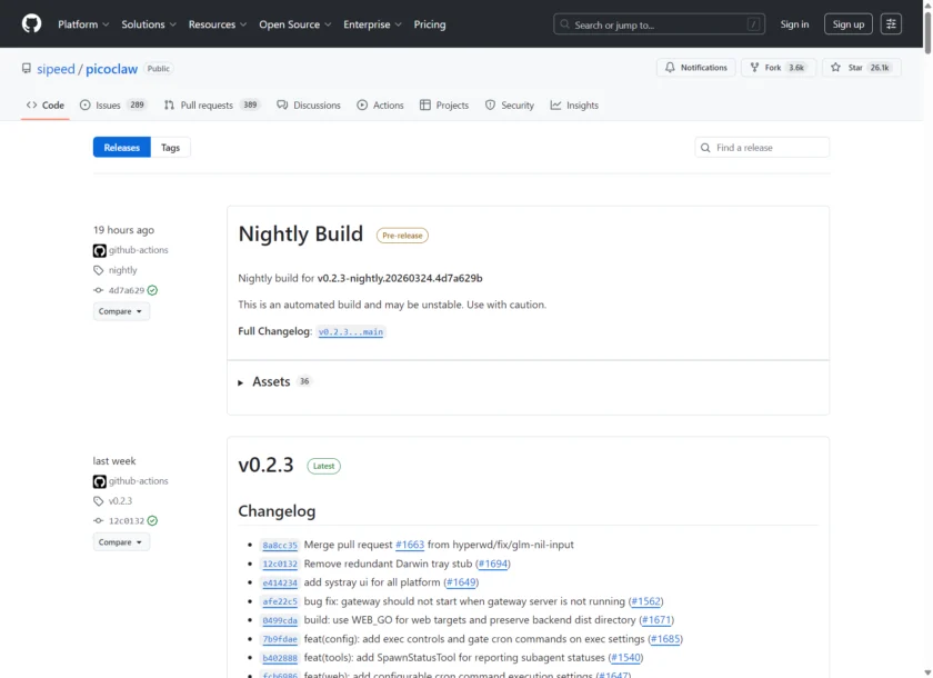 PicoClaw Releases 页面展示各平台预编译版本与更新记录，用于说明其真实分发方式。