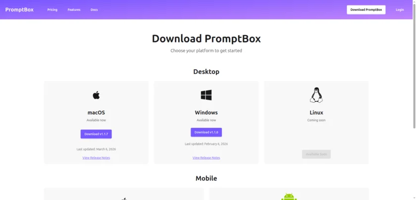 PromptBox 下载页面与平台支持截图