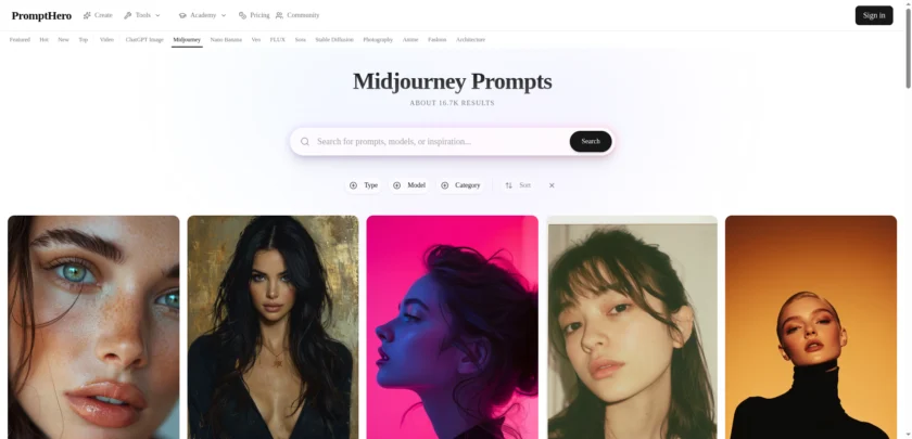 PromptHero Midjourney 提示词首页列表