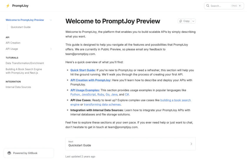 截图来自 PromptJoy 官方文档首页，能够证明平台提供开发者接入、使用说明与产品预览文档。