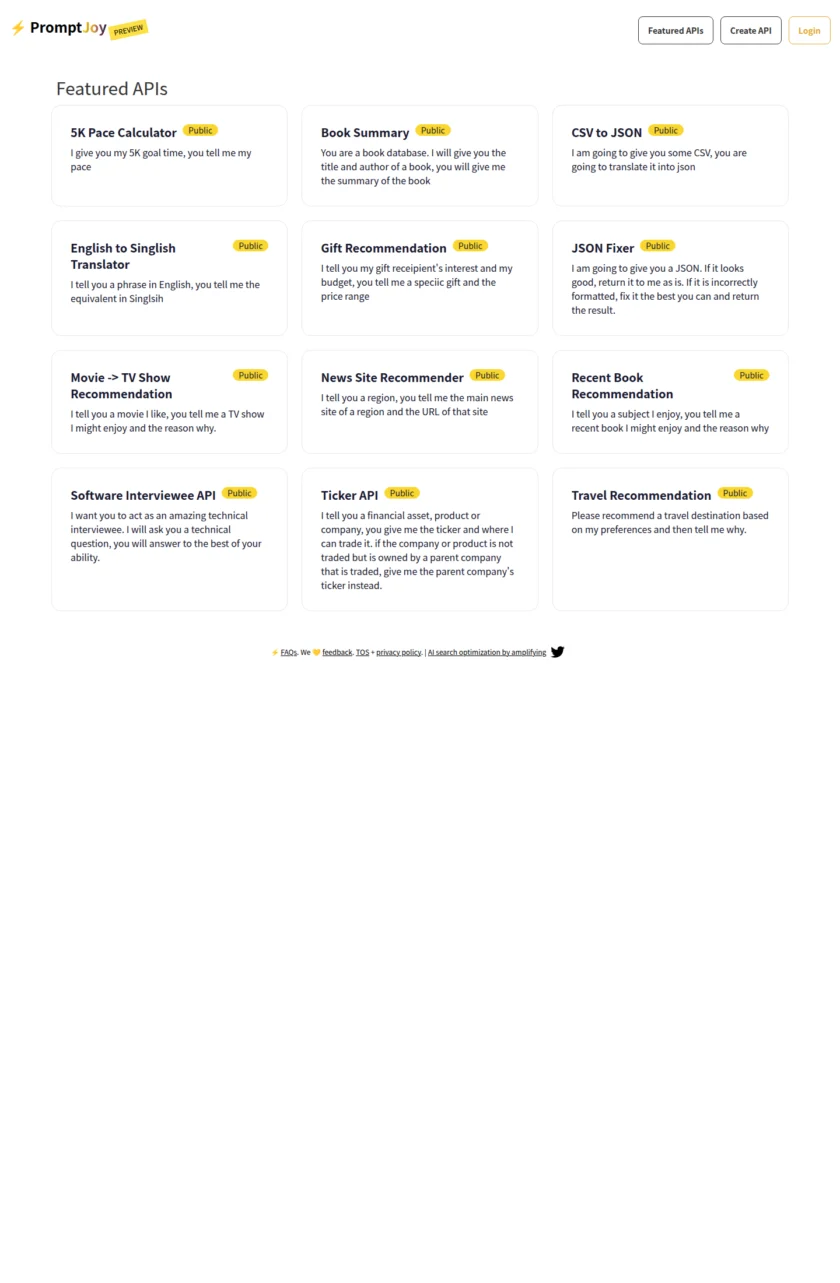 这张 Featured APIs 页面截图展示了多个官方示例接口，说明 PromptJoy 的分发方式不是单纯保存提示词，而是把能力沉淀成可调用 API。