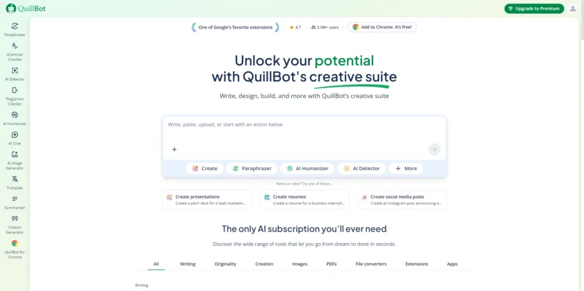 QuillBot 官网首页展示写作工具套件入口