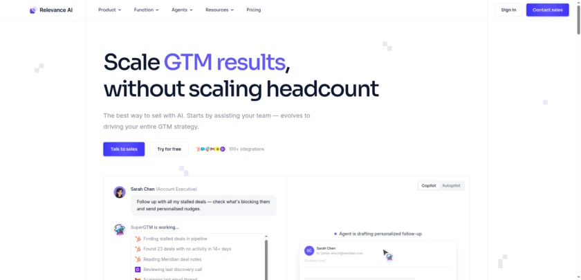 Relevance AI 官网首页展示销售与 GTM 智能体能力