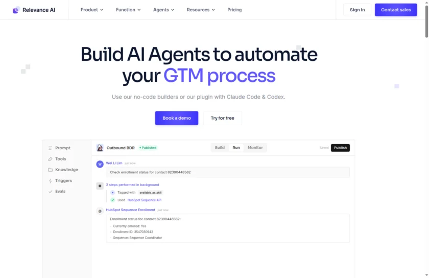 Relevance AI 智能体与多智能体工作流页面示意