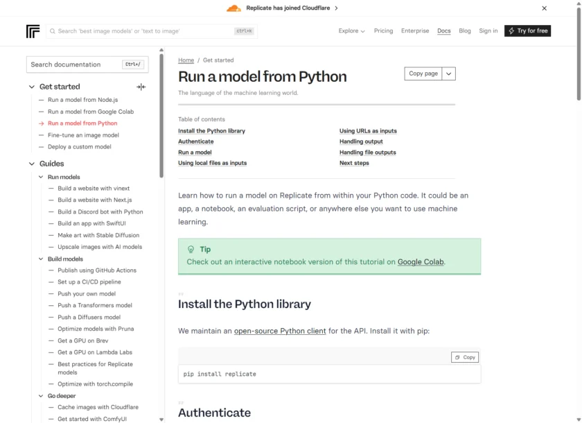 Replicate Python quick start 文档截图