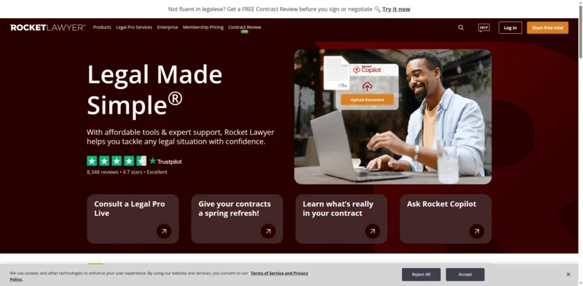 Rocket Lawyer 官网首页展示在线法律文档与法律支持服务