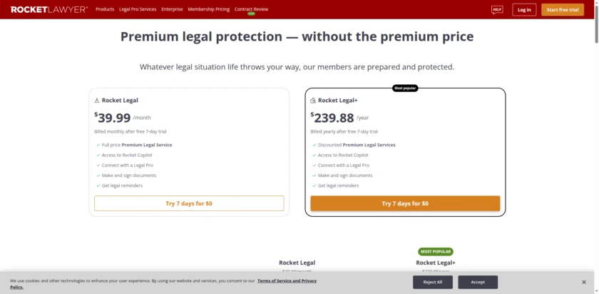 Rocket Lawyer 合同审查或智能法律辅助页面