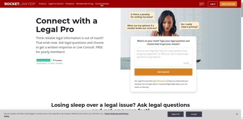 Rocket Lawyer 定价或法律服务会员页面