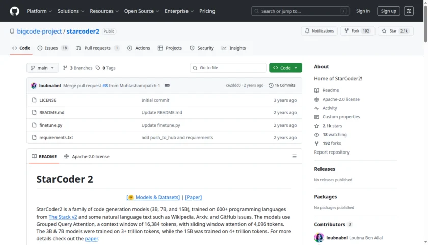 StarCoder2 GitHub 仓库 README 与使用说明截图