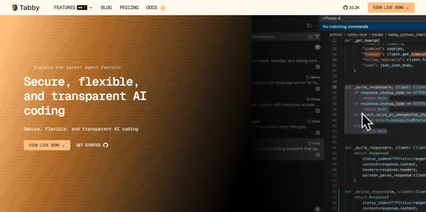 Tabby 官网截图:开源自托管 AI 编程助手定位与特性概览