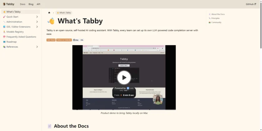 Tabby 文档截图:Quick Start 与使用方式(补全/对话/命令)示意
