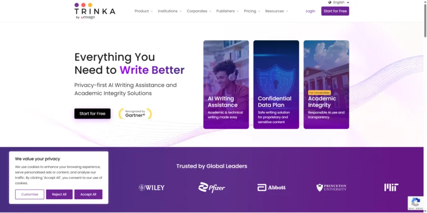 Trinka AI 官网首页展示产品定位与入口