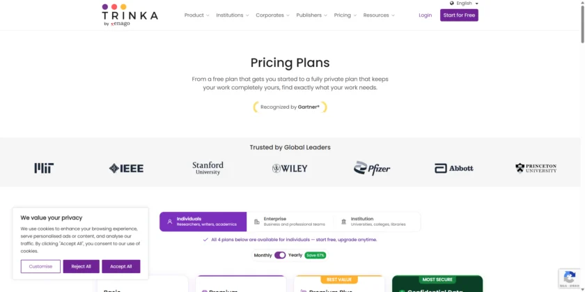 Trinka AI 定价页面展示计划与权益信息