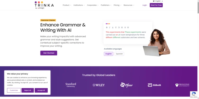 Trinka AI 语法功能页面展示能力与用法说明