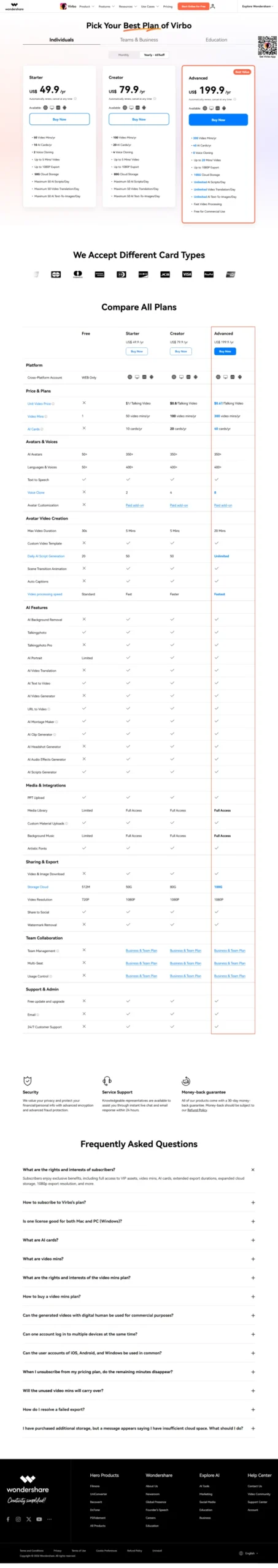 Virbo 官方购买页展示计划类型与授权选项