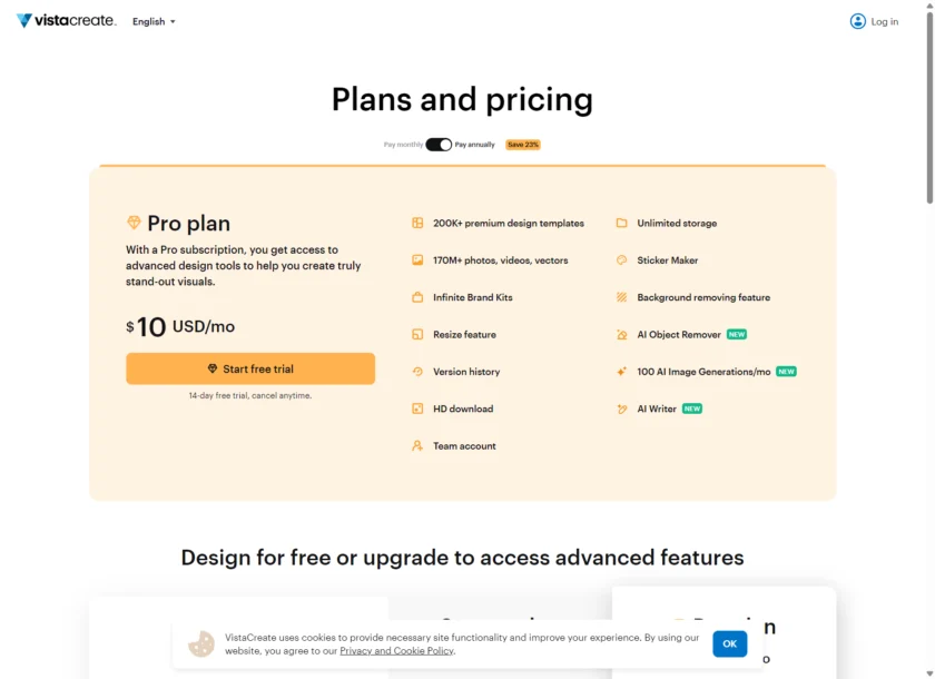 VistaCreate 定价方案页面展示免费版和 Pro 版的详细功能与价格对比。