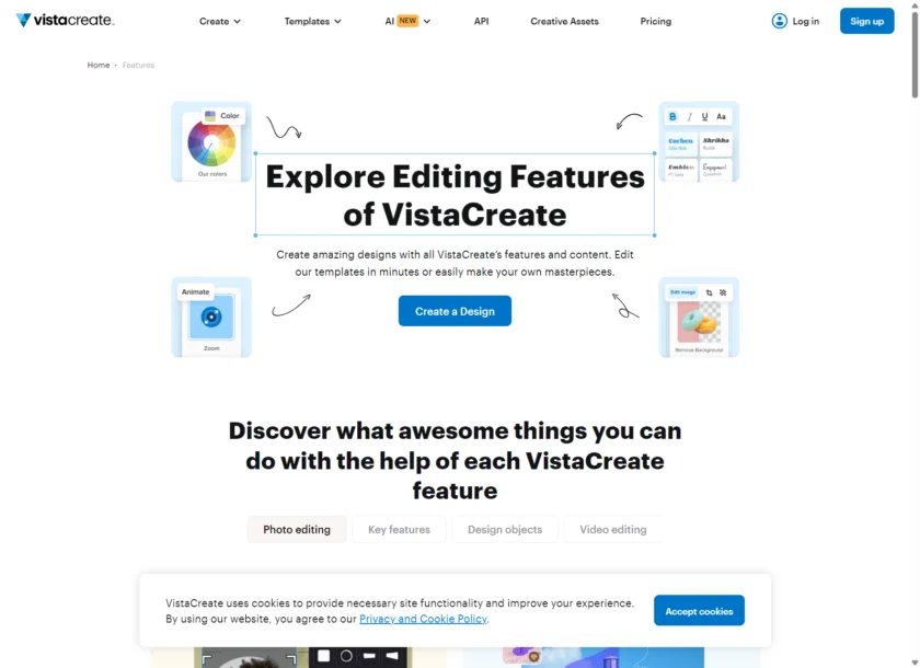 VistaCreate 官方首页的设计入口区域展示如何快速开始创建设计。