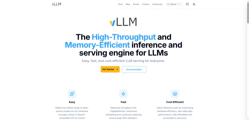 vLLM 官网首页展示高吞吐与高内存效率的推理引擎定位