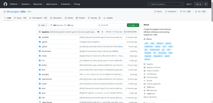 vLLM GitHub 发布页或项目主页展示社区活跃度与版本更新