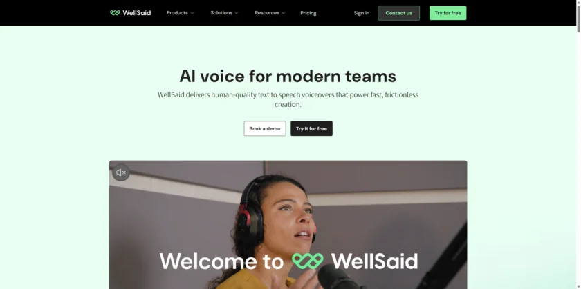 WellSaid Labs 官网首页与 AI 语音能力展示