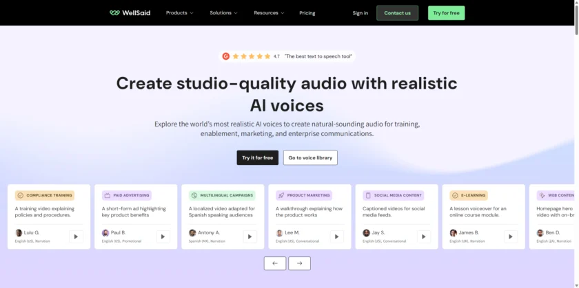 WellSaid Labs AI Voices 页面展示多种授权语音与应用场景