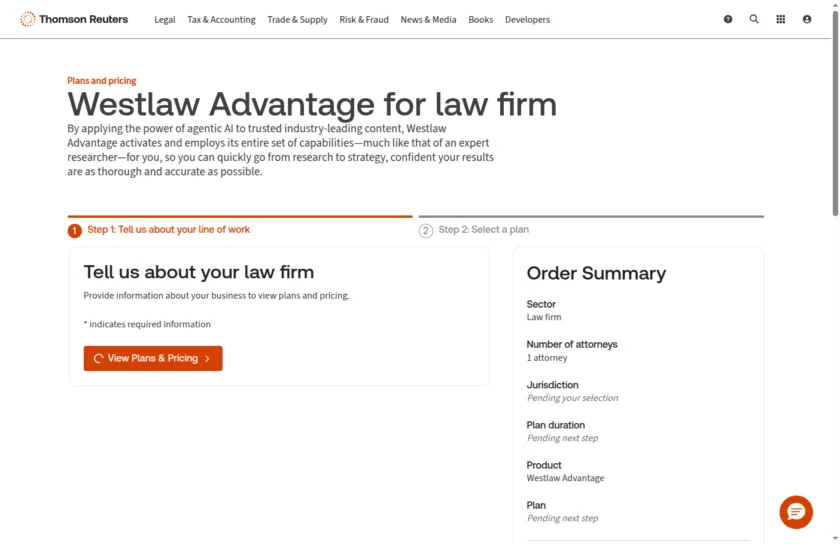Westlaw Advantage 官方销售与套餐页面用于说明其定价获取方式和商业采购入口。
