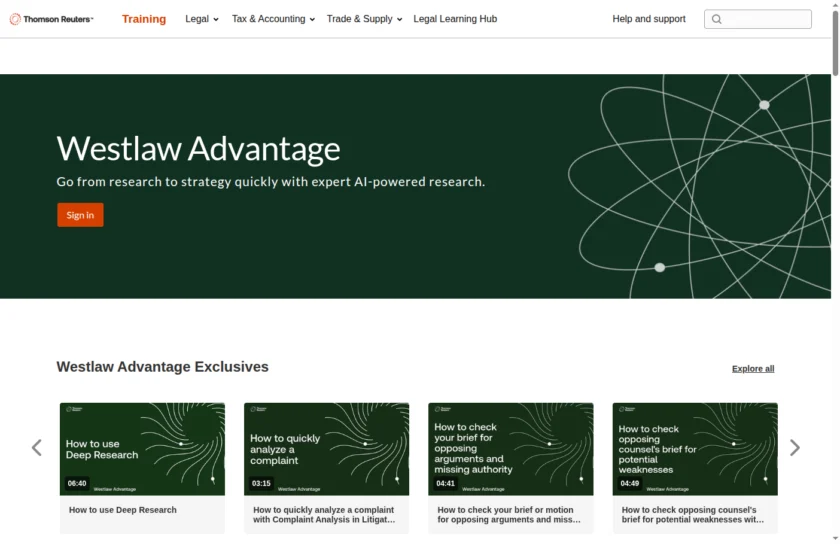 Westlaw Advantage 官方培训与支持页面用于说明新用户的上手、培训和订阅后支持路径。