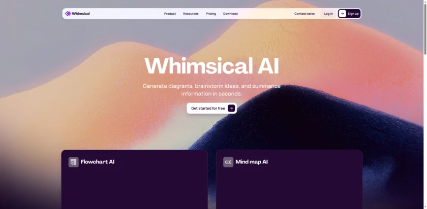 Whimsical AI 官网首页展示文本生成图表与无限画布能力